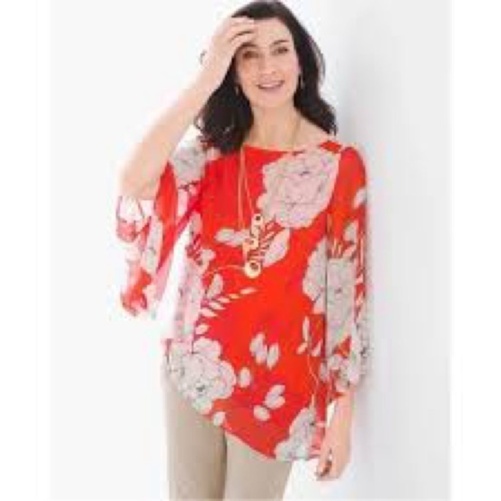 Chico’s Flowy Top Tunic Asymmetrical Hem Floral Chicos Size 3 XL Red